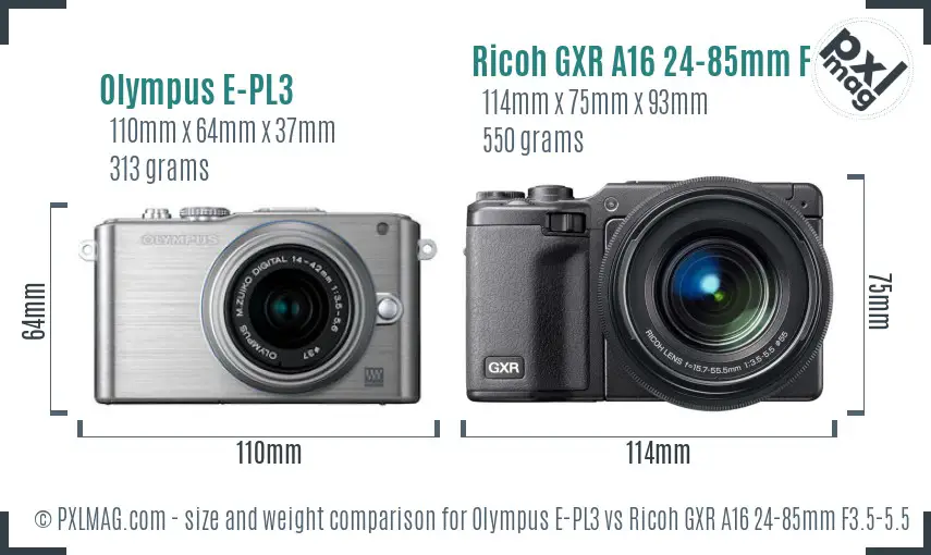 Olympus E-PL3 vs Ricoh GXR A16 24-85mm F3.5-5.5 size comparison