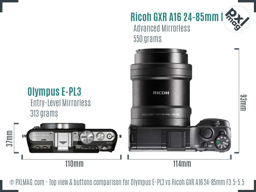 Olympus E-PL3 vs Ricoh GXR A16 24-85mm F3.5-5.5 top view buttons comparison