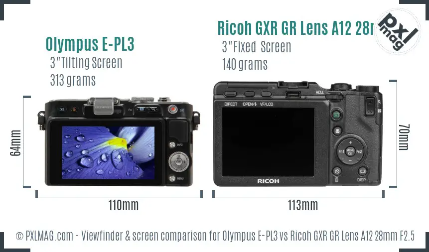 Olympus E-PL3 vs Ricoh GXR GR Lens A12 28mm F2.5 Screen and Viewfinder comparison