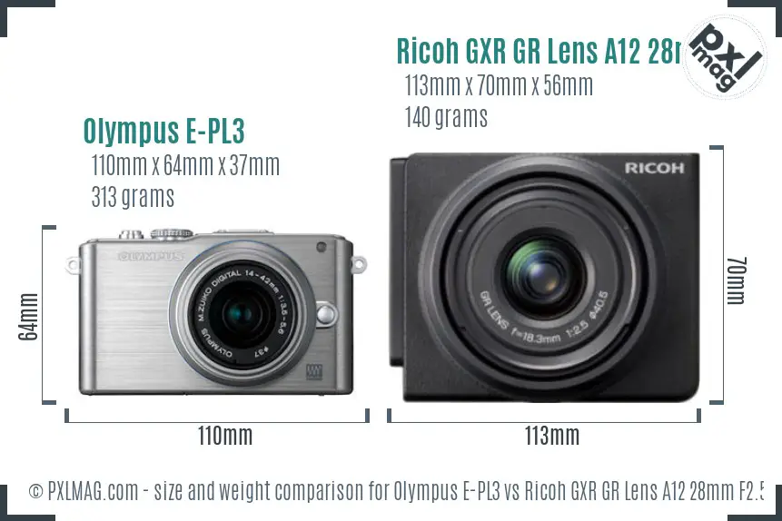 Olympus E-PL3 vs Ricoh GXR GR Lens A12 28mm F2.5 size comparison