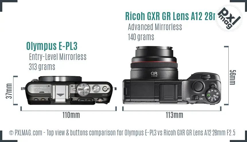 Olympus E-PL3 vs Ricoh GXR GR Lens A12 28mm F2.5 top view buttons comparison