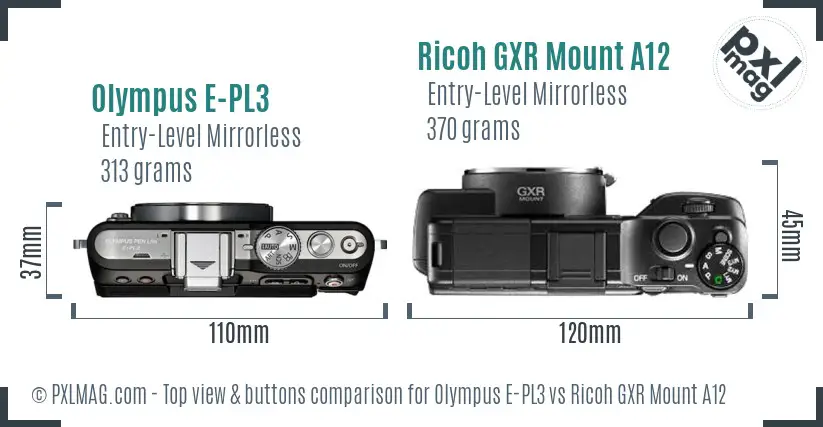 Olympus E-PL3 vs Ricoh GXR Mount A12 top view buttons comparison