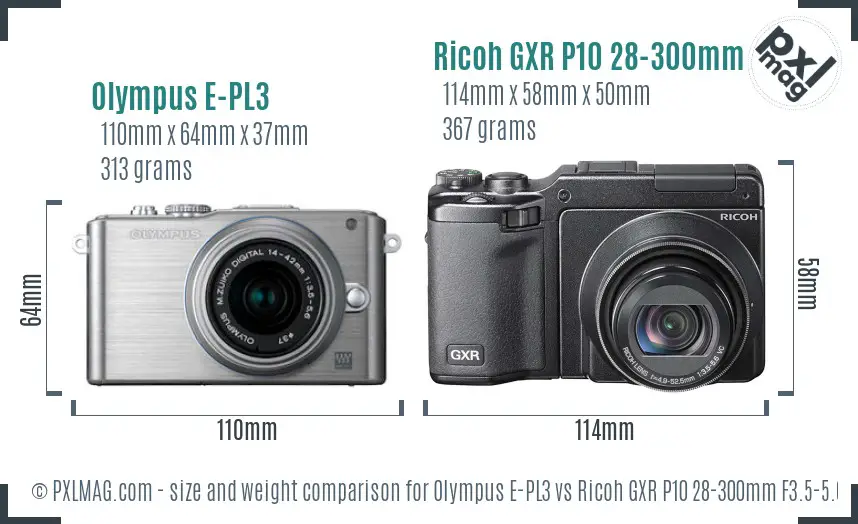Olympus E-PL3 vs Ricoh GXR P10 28-300mm F3.5-5.6 VC size comparison