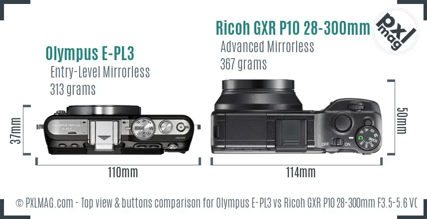 Olympus E-PL3 vs Ricoh GXR P10 28-300mm F3.5-5.6 VC top view buttons comparison