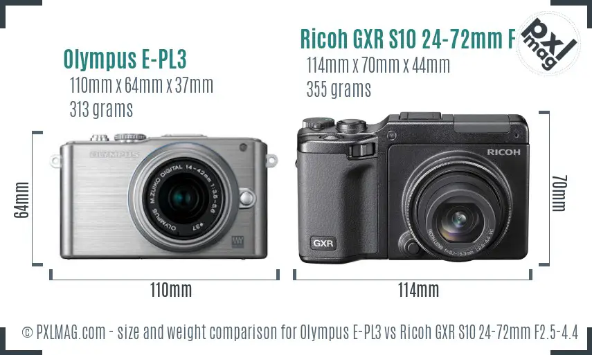 Olympus E-PL3 vs Ricoh GXR S10 24-72mm F2.5-4.4 VC size comparison