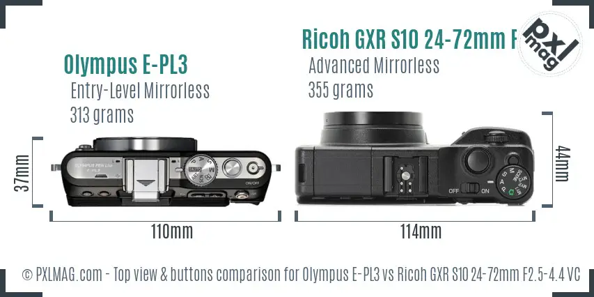 Olympus E-PL3 vs Ricoh GXR S10 24-72mm F2.5-4.4 VC top view buttons comparison