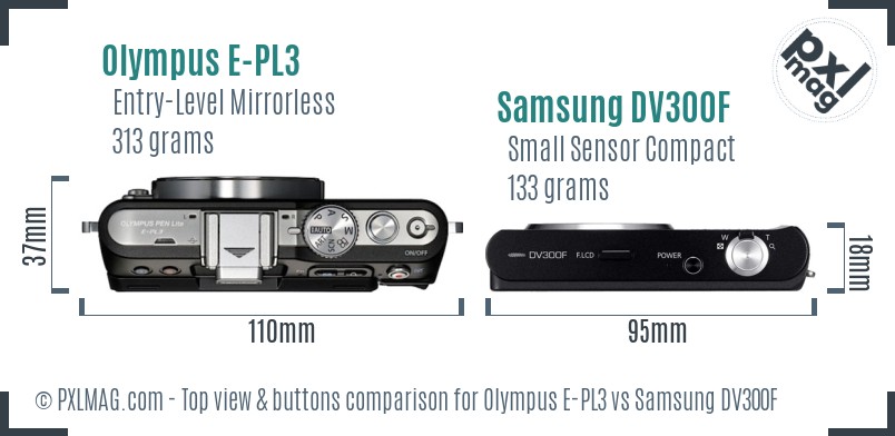 Olympus E-PL3 vs Samsung DV300F top view buttons comparison