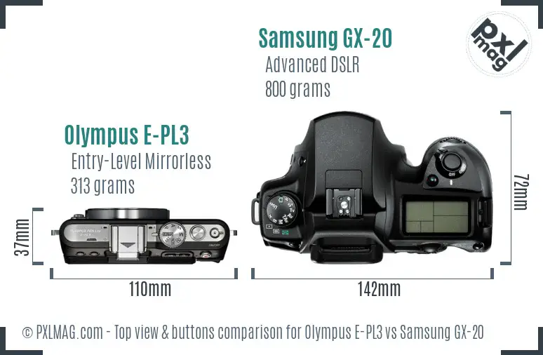 Olympus E-PL3 vs Samsung GX-20 top view buttons comparison