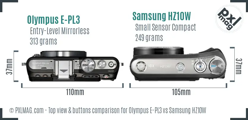 Olympus E-PL3 vs Samsung HZ10W top view buttons comparison