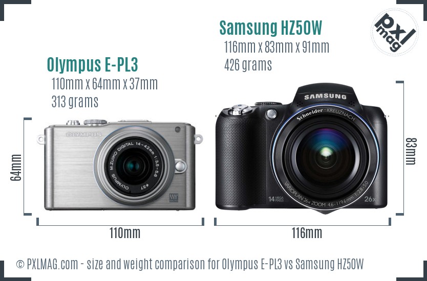Olympus E-PL3 vs Samsung HZ50W size comparison