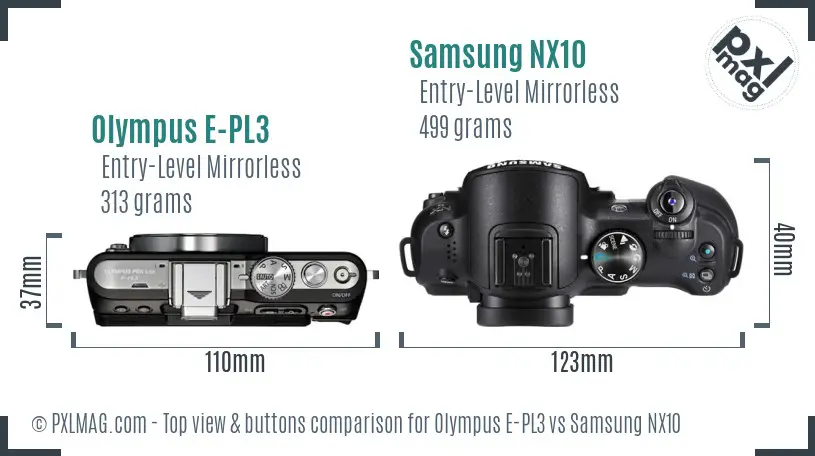 Olympus E-PL3 vs Samsung NX10 top view buttons comparison