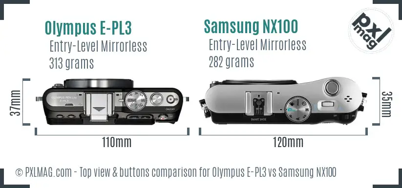 Olympus E-PL3 vs Samsung NX100 top view buttons comparison