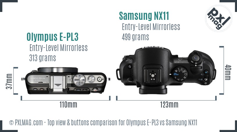 Olympus E-PL3 vs Samsung NX11 top view buttons comparison