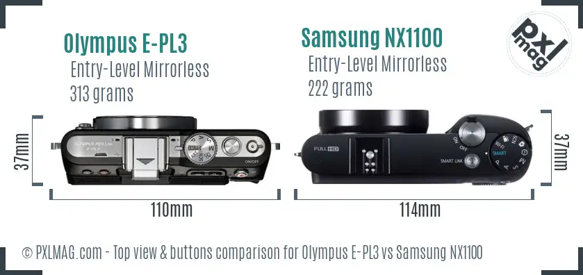 Olympus E-PL3 vs Samsung NX1100 top view buttons comparison Olympus E-PL3 vs Samsung NX1100 top view buttons comparison