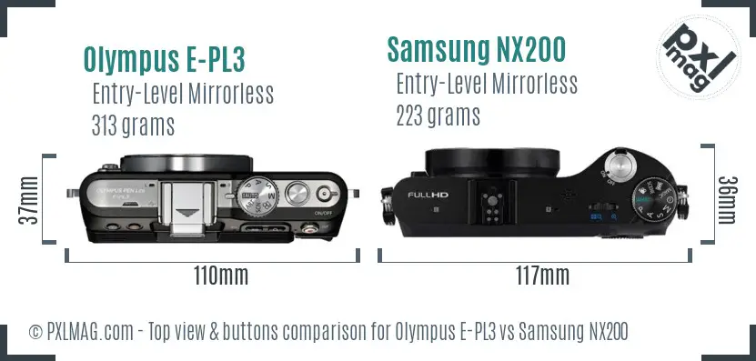 Olympus E-PL3 vs Samsung NX200 top view buttons comparison