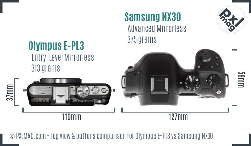 Olympus E-PL3 vs Samsung NX30 top view buttons comparison