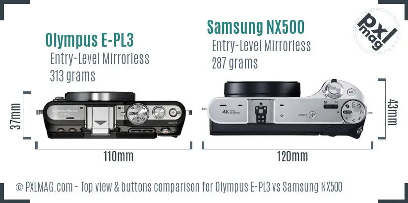 Olympus E-PL3 vs Samsung NX500 top view buttons comparison