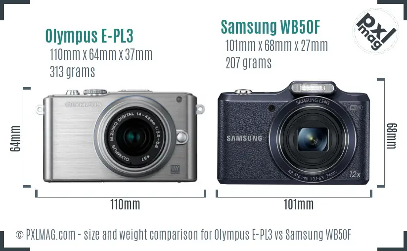 Olympus E-PL3 vs Samsung WB50F size comparison