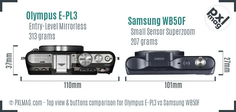 Olympus E-PL3 vs Samsung WB50F top view buttons comparison