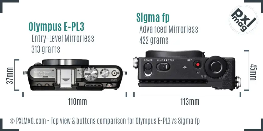 Olympus E-PL3 vs Sigma fp top view buttons comparison