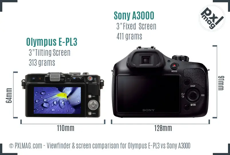 Olympus E-PL3 vs Sony A3000 Screen and Viewfinder comparison