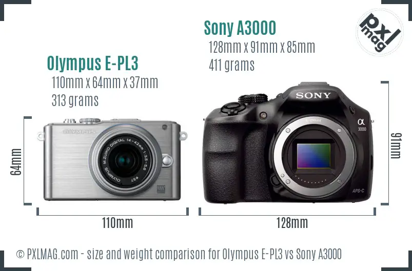 Olympus E-PL3 vs Sony A3000 size comparison