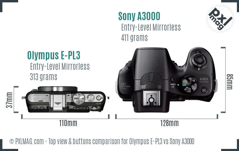 Olympus E-PL3 vs Sony A3000 top view buttons comparison