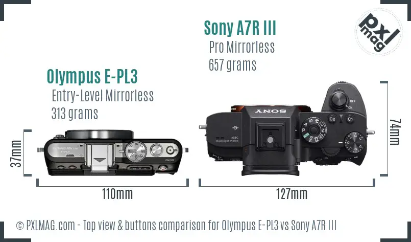 Olympus E-PL3 vs Sony A7R III top view buttons comparison