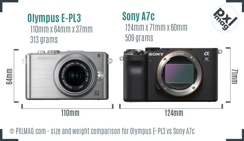 Olympus E-PL3 vs Sony A7c size comparison