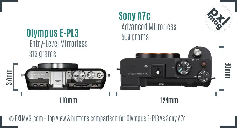 Olympus E-PL3 vs Sony A7c top view buttons comparison