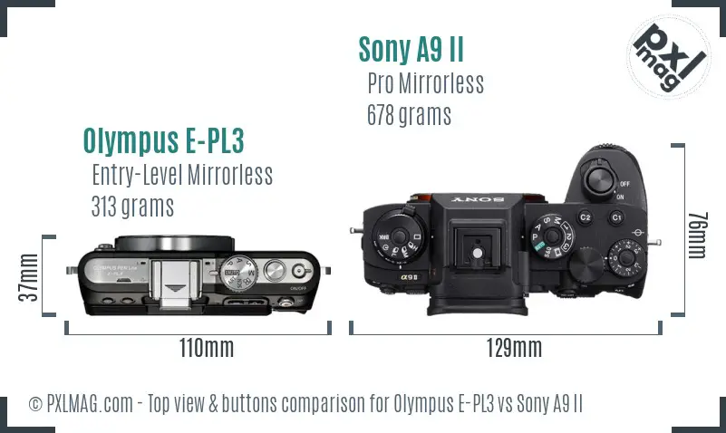 Olympus E-PL3 vs Sony A9 II top view buttons comparison