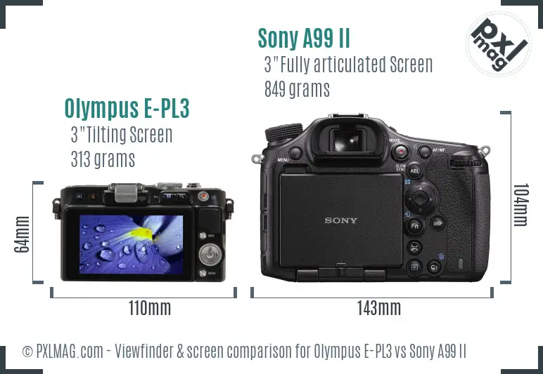 Olympus E-PL3 vs Sony A99 II Screen and Viewfinder comparison