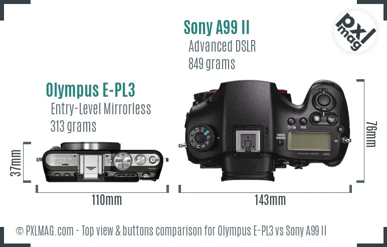Olympus E-PL3 vs Sony A99 II top view buttons comparison