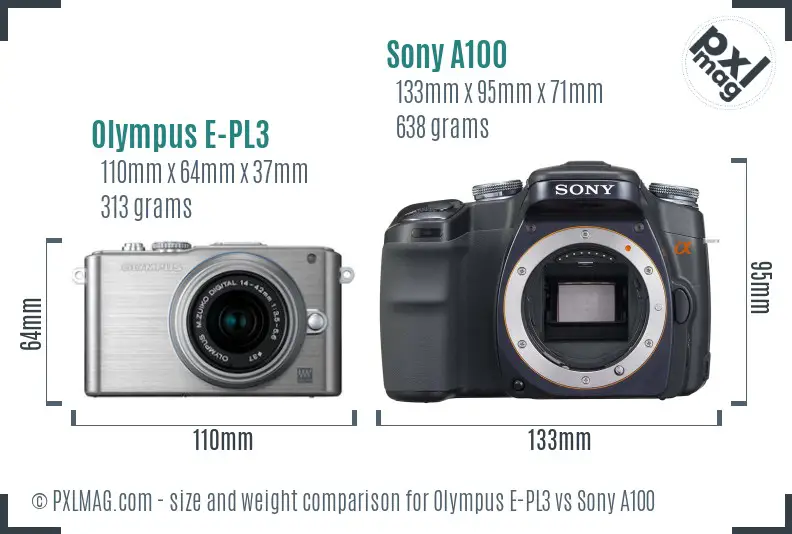 Olympus E-PL3 vs Sony A100 size comparison