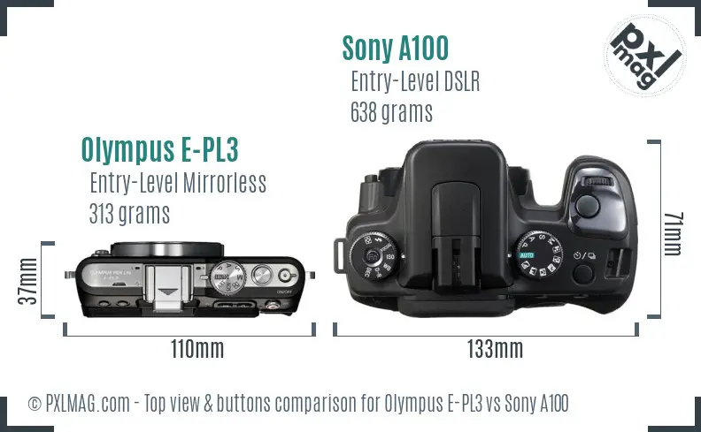 Olympus E-PL3 vs Sony A100 top view buttons comparison