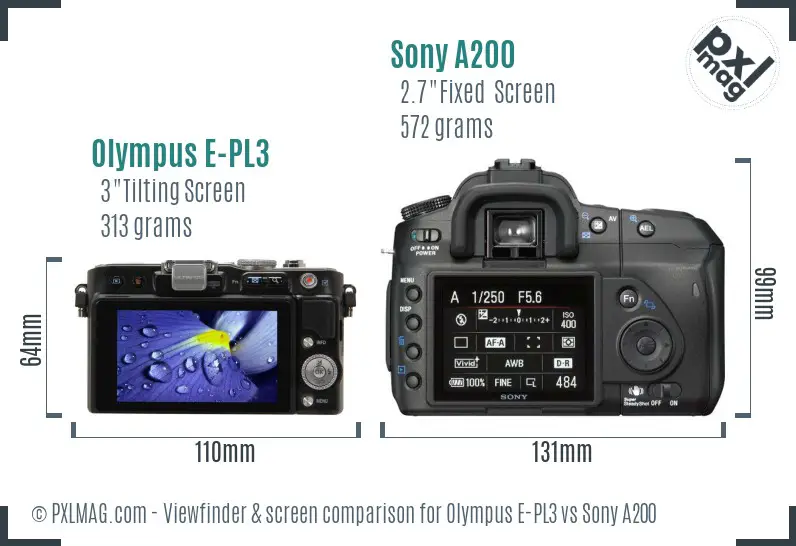 Olympus E-PL3 vs Sony A200 Screen and Viewfinder comparison