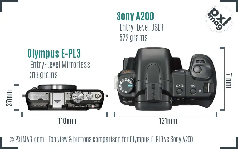 Olympus E-PL3 vs Sony A200 top view buttons comparison