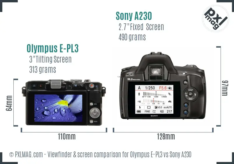 Olympus E-PL3 vs Sony A230 Screen and Viewfinder comparison