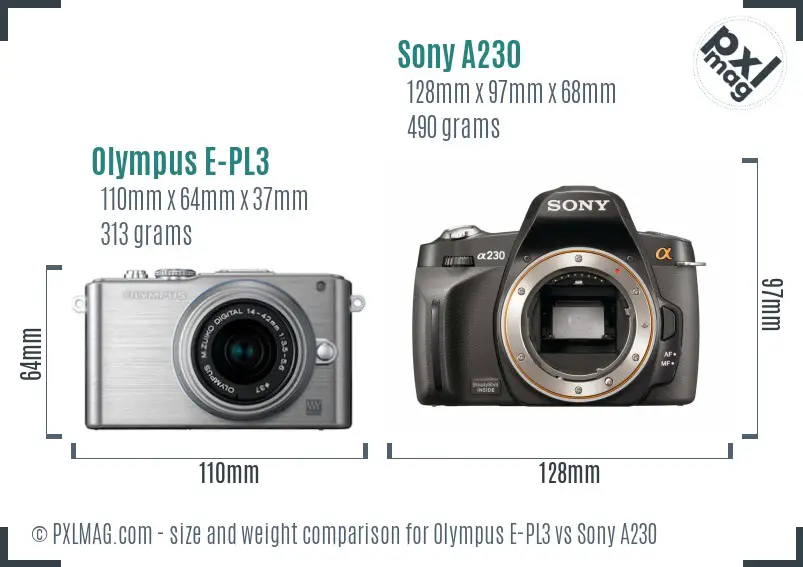 Olympus E-PL3 vs Sony A230 size comparison