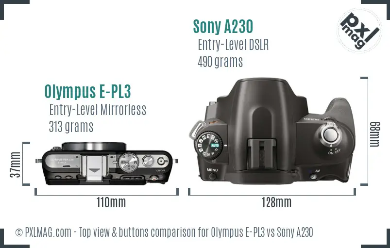 Olympus E-PL3 vs Sony A230 top view buttons comparison