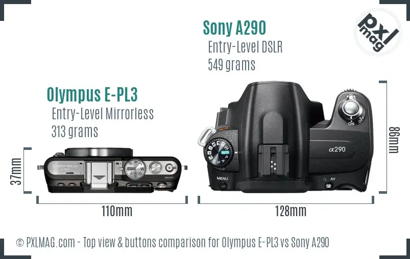 Olympus E-PL3 vs Sony A290 top view buttons comparison