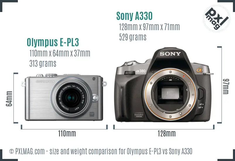 Olympus E-PL3 vs Sony A330 size comparison