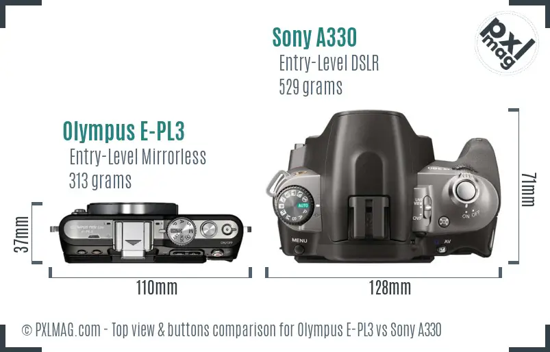 Olympus E-PL3 vs Sony A330 top view buttons comparison