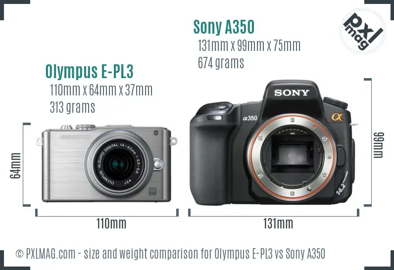 Olympus E-PL3 vs Sony A350 size comparison