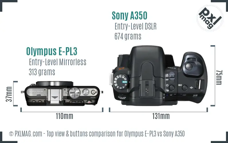 Olympus E-PL3 vs Sony A350 top view buttons comparison