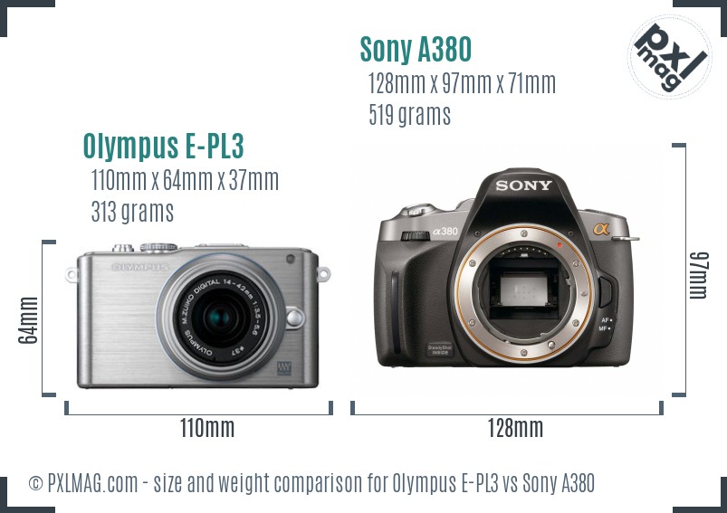 Olympus E-PL3 vs Sony A380 size comparison