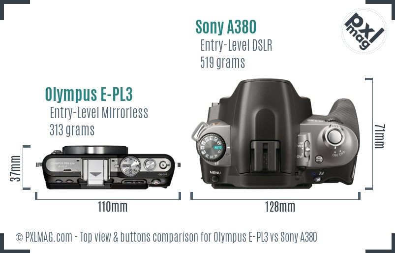 Olympus E-PL3 vs Sony A380 top view buttons comparison