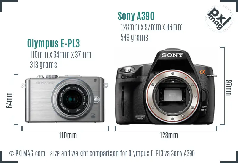 Olympus E-PL3 vs Sony A390 size comparison Olympus E-PL3 vs Sony A390 size comparison