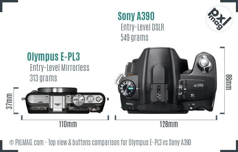 Olympus E-PL3 vs Sony A390 top view buttons comparison Olympus E-PL3 vs Sony A390 top view buttons comparison