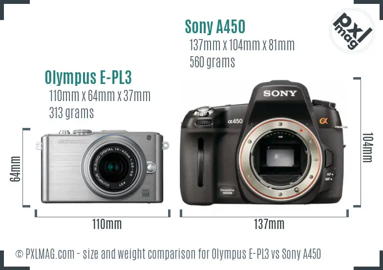 Olympus E-PL3 vs Sony A450 size comparison